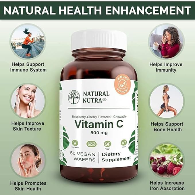 Natural Nutra Vitamin C Supplement for Kids and Adults, Immune Booster, Helps Supports Bone Health, Protect Skin and Heart Health, Improve Skin Texture, Vegetable Source, 500 mg, 50 Vegan Wafers