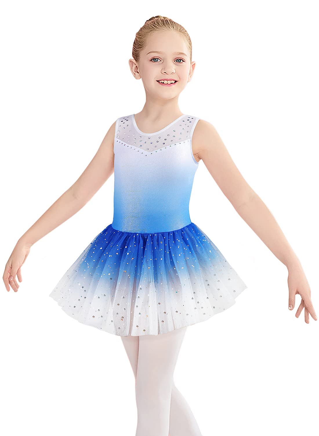 Girls Kid Gymnastic Leotard 3t 4t Ballet Tutu Dance Dress Gradient Blue White Sleeveless Gymnastic Skirt(Baby Girls/Toddler Girls/Big Girls) (Blue White, 3-4T)