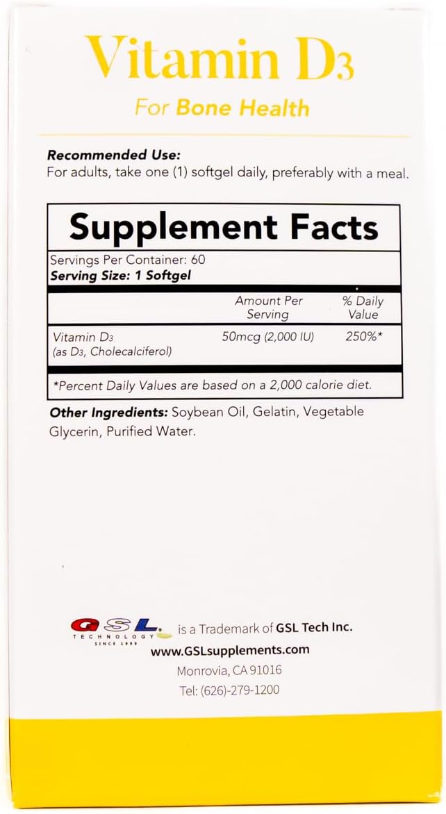 | Vitamin D3 | 50 mcg (2000 IU) Per Softgel | Dietary Supplement for Bone Health | Made in USA | 2 Pack of 60 Count (120 Softgels Total)