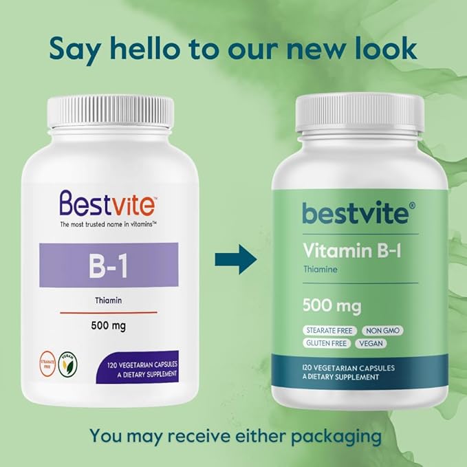 BESTVITE Vitamin B-1 (Thiamin) 500mg (120 Vegetarian Capsules) - No Stearates - Vegan - No Calcium Carbonate - Non GMO - Gluten Free - No Silicon Dioxide