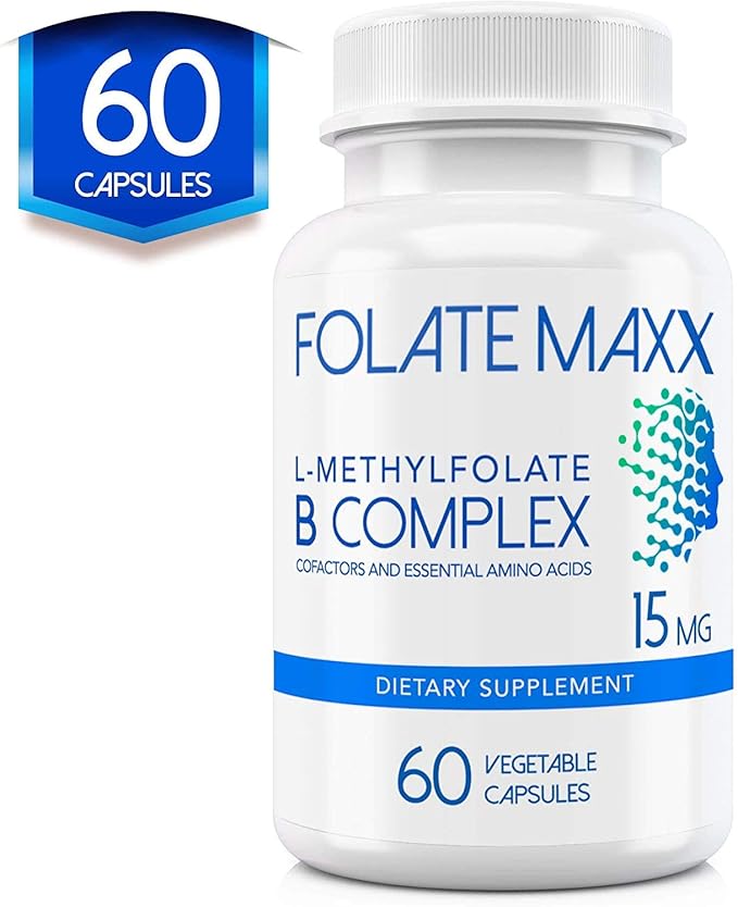 FolateMaxx L-Methylfolate + B12 Methylcobalamin & B6 Blend (15mg) - 60 Capsules - Active B-Complex with Cofactors & Essential Amino Acids - Non GMO, Gluten Free, No Fillers