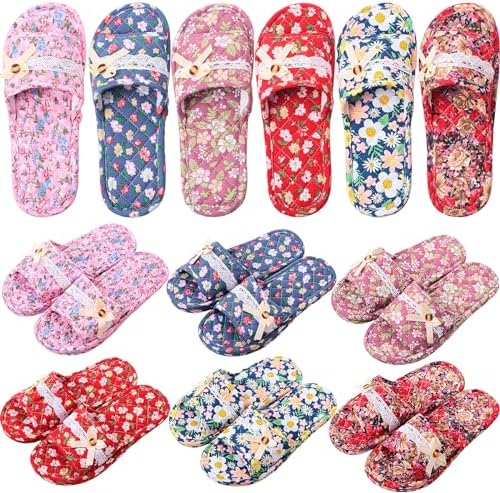 6 Pairs Floral Cotton House Slippers for Women Soft Open Toe Indoor Washable Portable Foldable Comfortable Hotel Travel Airplane Spa Guest Slippers