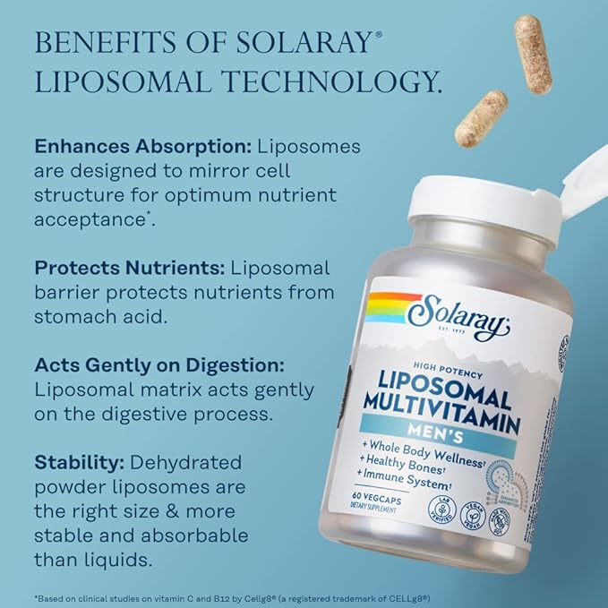 SOLARAY Liposomal Multivitamin for Men, Enhanced Absorption Immune, Energy & Bone Support Supplement, Mens Daily Multi Vitamin, BCAAs, Vitamin D3, C, B12, Zinc, Vegan, Soy Free, 60 Serv, 120 VegCaps