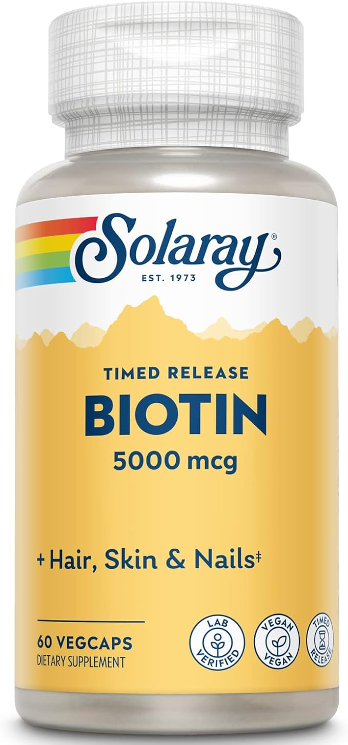 SOLARAY Biotin 5000 mcg | Timed Release | Fast-Acting, Long-Lasting Healthy Hair, Skin & Nails Support | 60 VegCaps