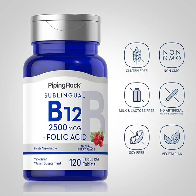 Piping Rock Vitamin B12 Sublingual | 2500 mcg | 120 Tablets | with Folic Acid | Supplement for Women and Men | Berry Flavor | Vegetarian, Non-GMO, Gluten Free