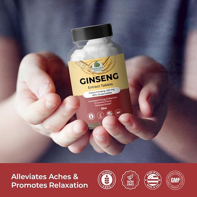 Panax Ginseng Extract Tablets - 200mg Highly Potent 80% Ginsenosides for Energy & Relaxation - Natural Herbal Supplement for Cognitive Booster - 30 Tablets