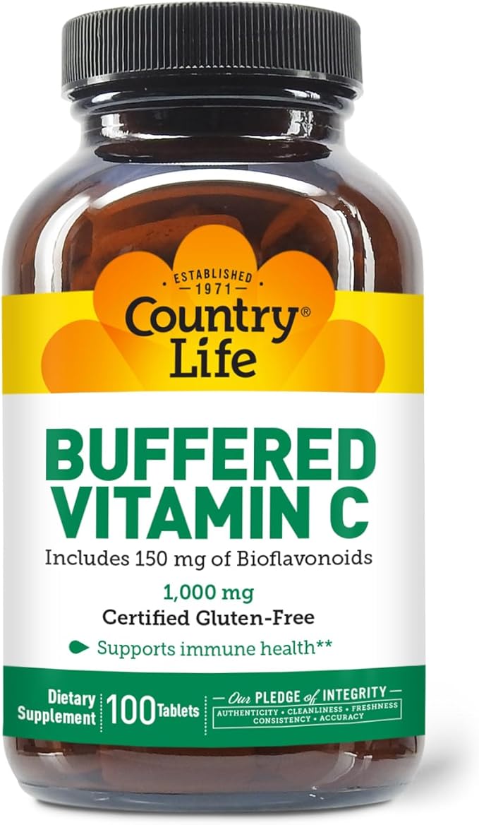 Country Life Buffered Vitamin C 1000mg with Bioflavonoids, Calcium, Magnesium, Potassium - Immune Support, Vegan Capsules, Gluten-Free, Gentle on Stomach - 100 Tablets