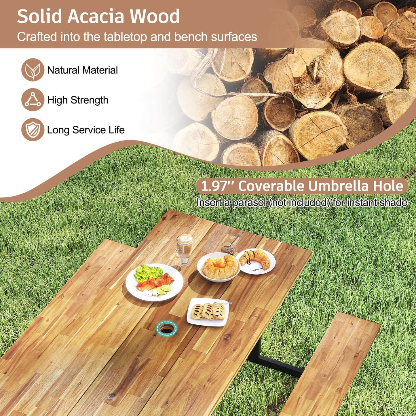 Costway 6-Person Acacia Wood Picnic Table with 2 Built-In Benches Umbrella Hole Metal Frame