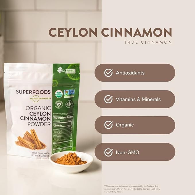 MRM Nutrition Organic Ceylon Cinnamon Powder | Superfoods | True cinnamon | Antioxidants | Heart health | Vegan + Gluten-free | 113 servings