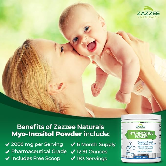 Zazzee Myo-Inositol Powder, 6 Month Supply, 183 Servings, 2000 mg per Serving, Free Scoop for Exact Dosage, 12.91 Ounces, 100% Pure, All-Natural Fertility and Reproductive Support, Vegan, Non-GMO