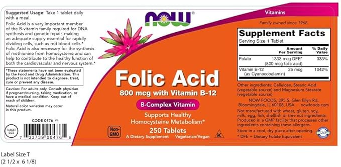 NOW Foods Folic Acid 800 mcg Tabs (Pack of 2)