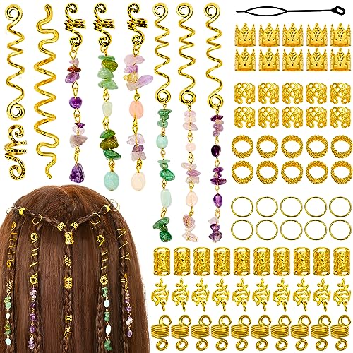 80 Pcs Natural Crystal Stone Dreadlock Accessories, Jollidecor Hair Jewelry for Braids Hair Spirals Gems Charms Adjust Gold Loc Jewelry for Hair Cuffs for Adult Women Braids Hairstyle Decoration