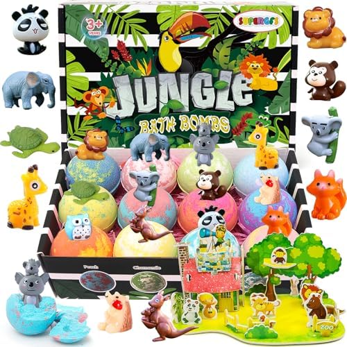 Bath Bombs for Kids With Surprise Jungle Toys Inside, 12-Pack Organic Bubble Bath With Magic Bathbombs, Birthday Gifts for Boys