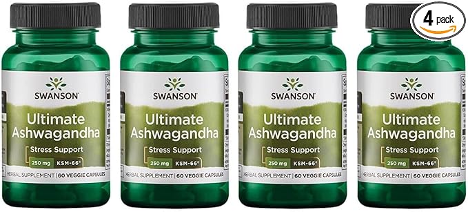 Swanson Ultimate Ashwagandha KSM-66 - Herbal Supplement Supporting Healthy Stress Levels & Relaxation - Natural Formula to Promote a Calm & Relaxed Mindset - (60 Veggie Capsules, 250mg Each) (4 Pack)