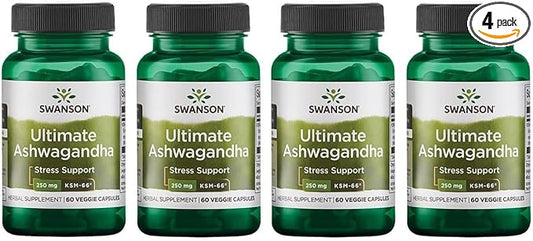 Swanson Ultimate Ashwagandha KSM-66 - Herbal Supplement Supporting Healthy Stress Levels & Relaxation - Natural Formula to Promote a Calm & Relaxed Mindset - (60 Veggie Capsules, 250mg Each) (4 Pack)