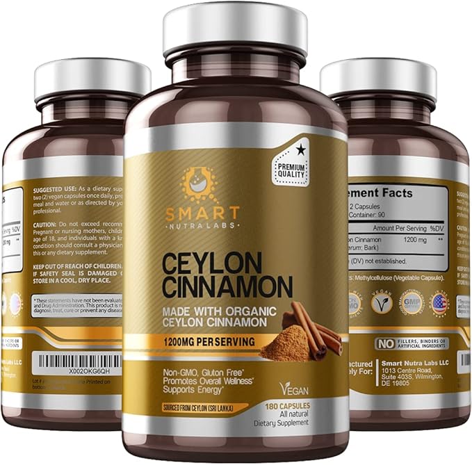 Smart Nutra Labs Organic Ceylon Cinnamon Supplement 1200mg per Serving, 180 Vegan Capsules, 100% Pure, True Ceylon Cinnamon