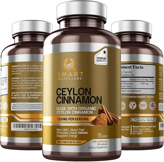 Smart Nutra Labs Organic Ceylon Cinnamon Supplement 1200mg per Serving, 180 Vegan Capsules, 100% Pure, True Ceylon Cinnamon
