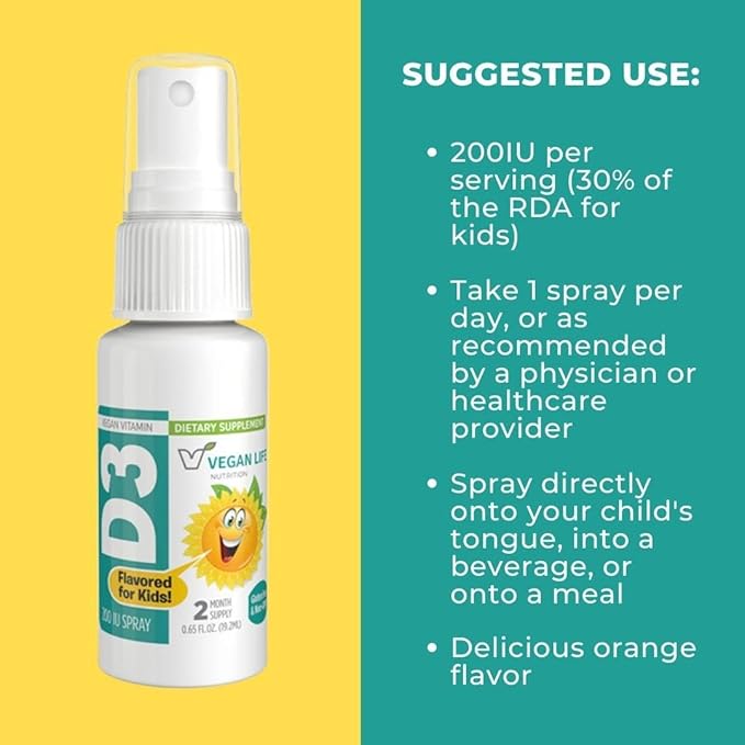 Vegan Life Nutrition - Vitamin D3 Spray for Kids - Orange-Flavored, Gluten-Free, Non-GMO, Supports Bone Health and Immune System - 0.65 Fl Ounce