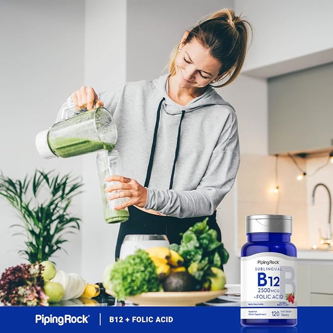 Piping Rock Vitamin B12 Sublingual | 2500 mcg | 120 Tablets | with Folic Acid | Supplement for Women and Men | Berry Flavor | Vegetarian, Non-GMO, Gluten Free