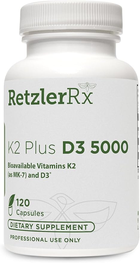 RetzlerRx® - Vitamin K2 Plus D3 5000 - Bioavailable Vitamin D 5000 IU (Cholecalciferol) with Vitamin K2 MK-7 - Heart, Arterial, Bone Health + Immune Support Supplement (120 Capsules) (120)