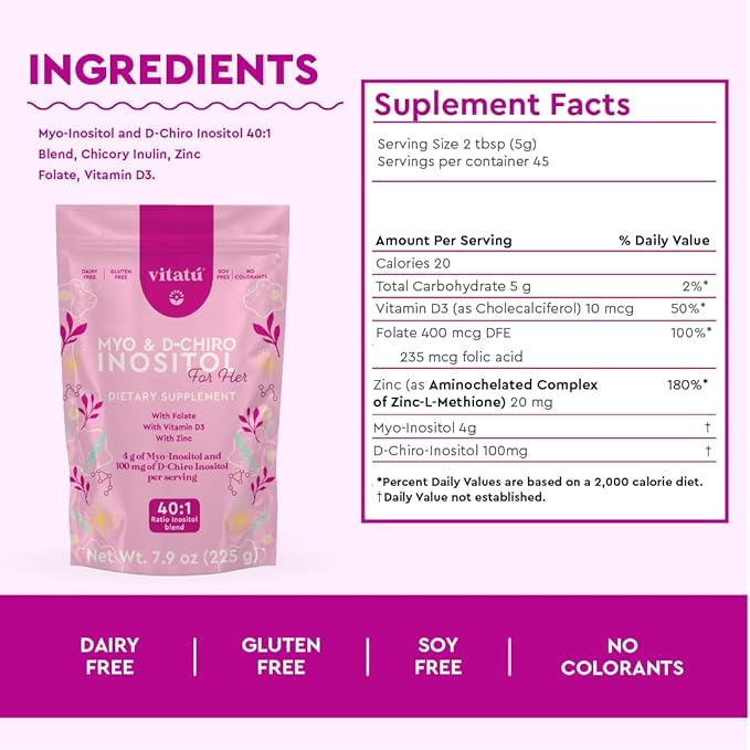 | Myo Inositol (4g) & D-Chiro Inositol (1g) Ideal Mix 40:1 | Duration 45 Days | with Folic Acid + Vitamin D3 + Zinc, Powdered Dietary Supplement for Women (225 g)