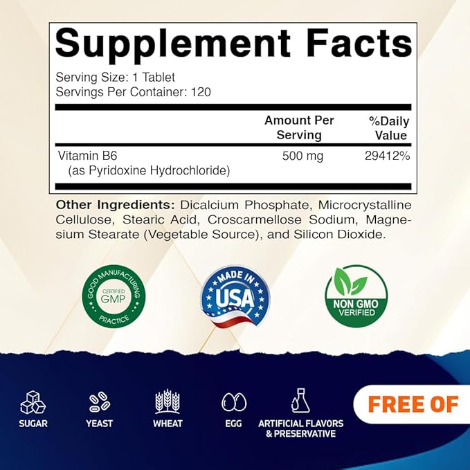 Vitamatic Vitamin B6 (Pyridoxine HCI), 500 mg – 120 Vegetarian Tablets Promotes Energy Production, Boosts Metabolism & Immune Health Support