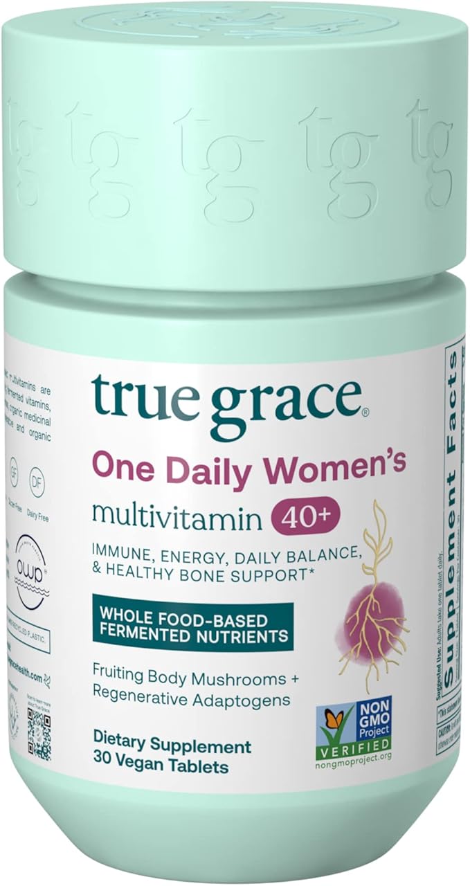True Grace One Daily Women’s Multivitamin 40+ Fermented Minerals, Organic Adaptogens & Mushrooms Energy, Immune, Bone Support - Non-GMO - Iron, Gluten & Soy Free - 30 Vegan Tablets