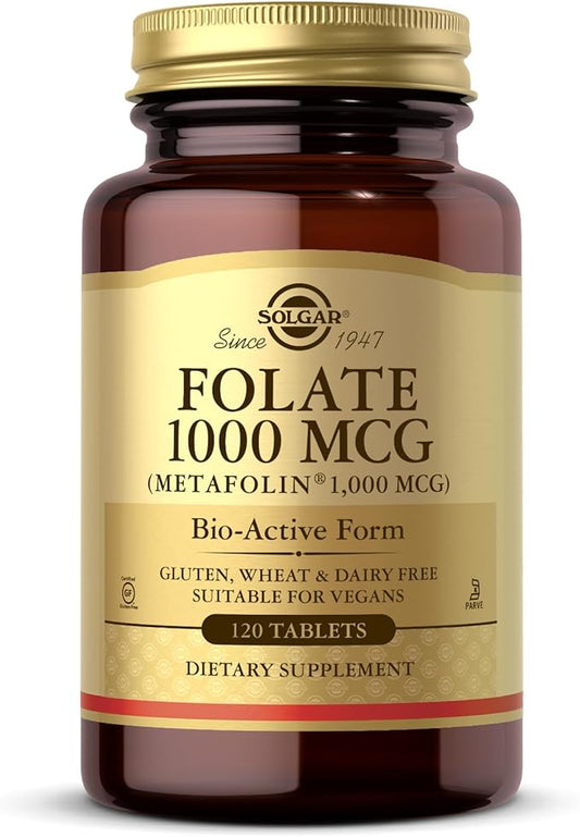 SOLGAR Folate 1000 mcg - 120 Tablets - 1000 mcg Bio-Active Metafolin - Vegan, Gluten Free, Dairy Free, Kosher - 120 Servings
