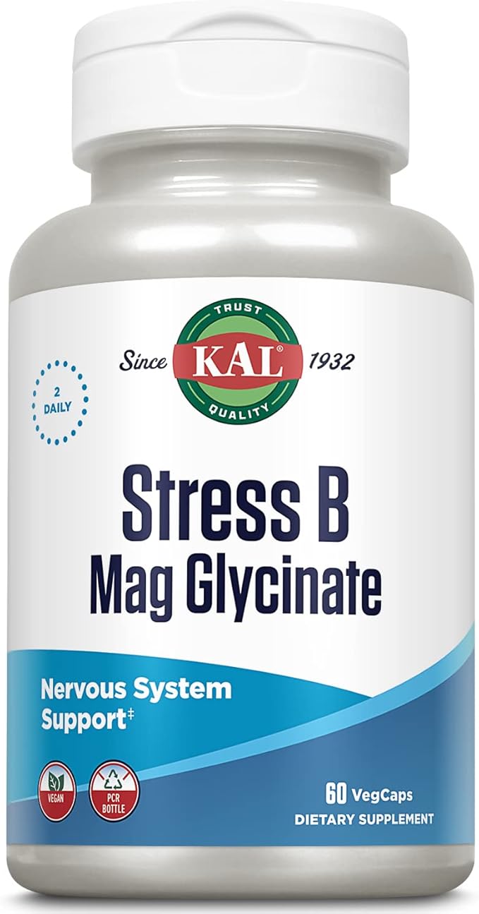 KAL Stress B Mag Glycinate, B Complex Vitamins Plus Magnesium, Active Forms Coenzyme Vitamin B-6, Methylcobalamin, and Folate from 5-MTHF, Healthy Mood & Relaxation Support, 30 Servings, 60 VegCaps