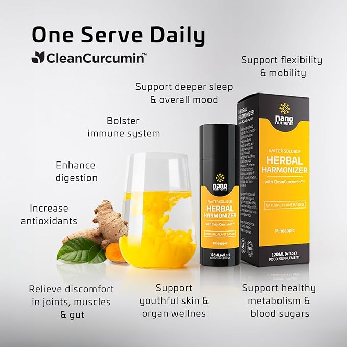 Herbal Harmonizer with CleanCurcumin(TM) - Multi Botanical Antioxidants Supplement - Water Soluble - Nano Curcumin - Holistic Wellness Defender - Healthy Drink Mix (4 fl.oz, Apple and Blueberry)