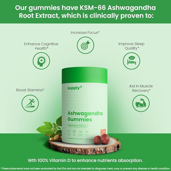 KSM-66 Ashwagandha & Vitamin D Gummy - 60 Count - Mixed Berry, KSM-66, Vegan, Plant Based, Non-GMO, Gluten-Free & Gelatin Free, for a Happier You, Pack of 1