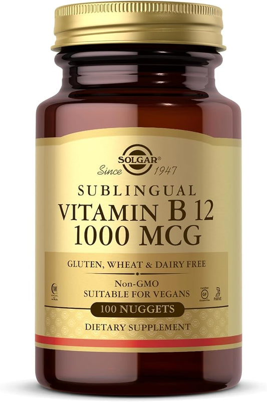 SOLGAR Sublingual Vitamin B12 1000 mcg - 100 Nuggets - Non-GMO, Vegan, Gluten Free, Dairy Free, Kosher, Halal - 100 Servings