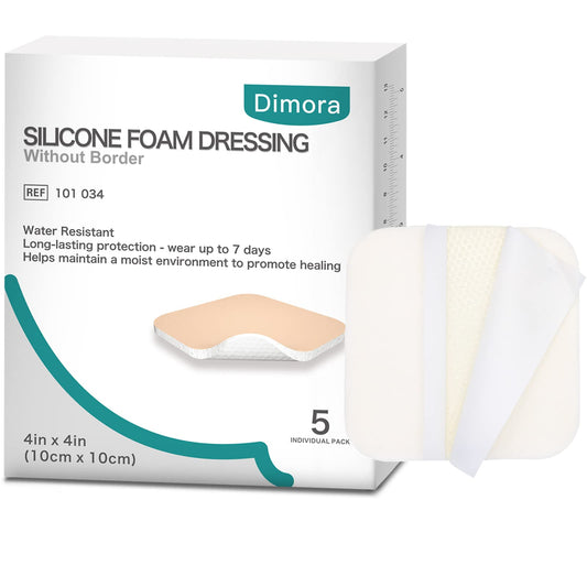 Dimora Silicone Foam Dressing Without Border 4"x 4" Highly Absorbent Adhesive Wound Bandage Cuttable Pads for Wound Care 5 Pack