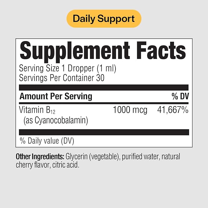 PureFormulas Liquid B12 1000 mcg - Natural Cherry Flavor B12 Sublingual Drops, Potent Daily Support for Energy & Wellness - Non-GMO, Allergen-Free - 1 fl. Oz.