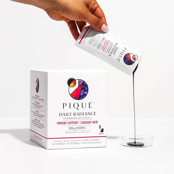 PIQUE Daily Radiance Liposomal Vitamin C for Immune Support - 1,000 mg Vitamin C & 1,900 mg Elderberry per Packet, Powerful Antioxidants for Healthy Collagen Production - 28 Packets (10mL Each)