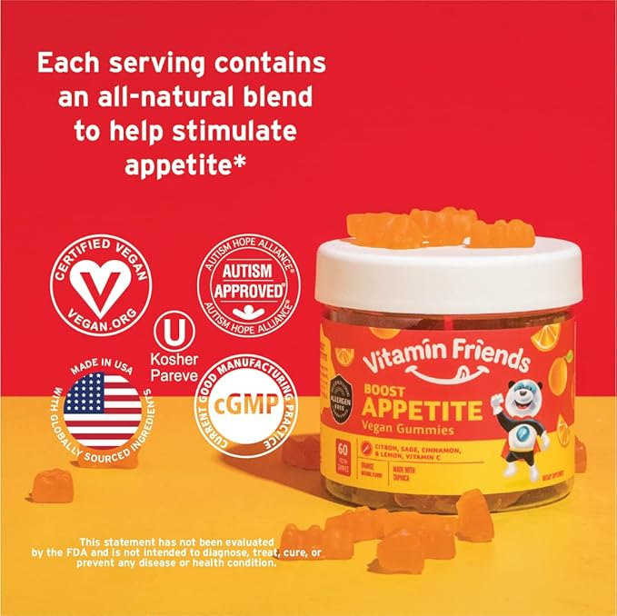 Vitamin Friends - Natural and Vegan Appetite Stimulant Gummies for Children- Zero Allergen Kids Vitamins - Orange Flavor (60 Gummies)