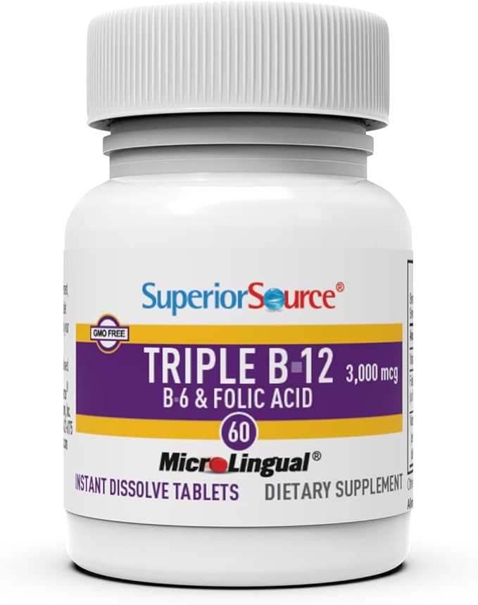 Superior Source NO Shot Triple B-12 3,000 mcg B-6 Folic Acid 800 mcg - Formula Supports Heart Health & Energy - Health Supplement with Folic Acid & Methylcobalamin - 60 Instant Dissolve Tablets