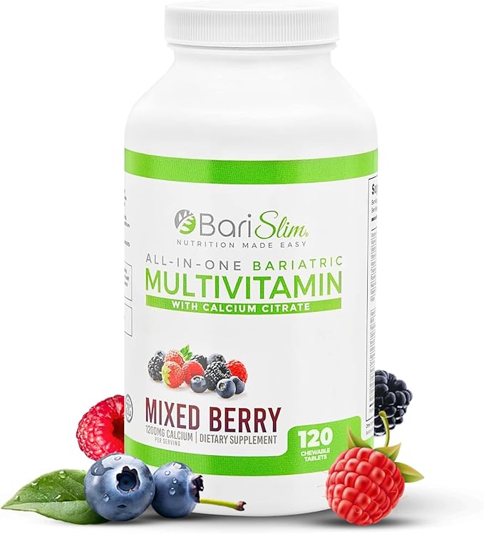 BariSlim All-in-One Bariatric Chewable Multivitamin Tablets w/Calcium Citrate - Bariatric Vitamin for Post Bariatric Surgery Including Gastric Bypass & Gastric Sleeve | Mixed Berry (120 Count)
