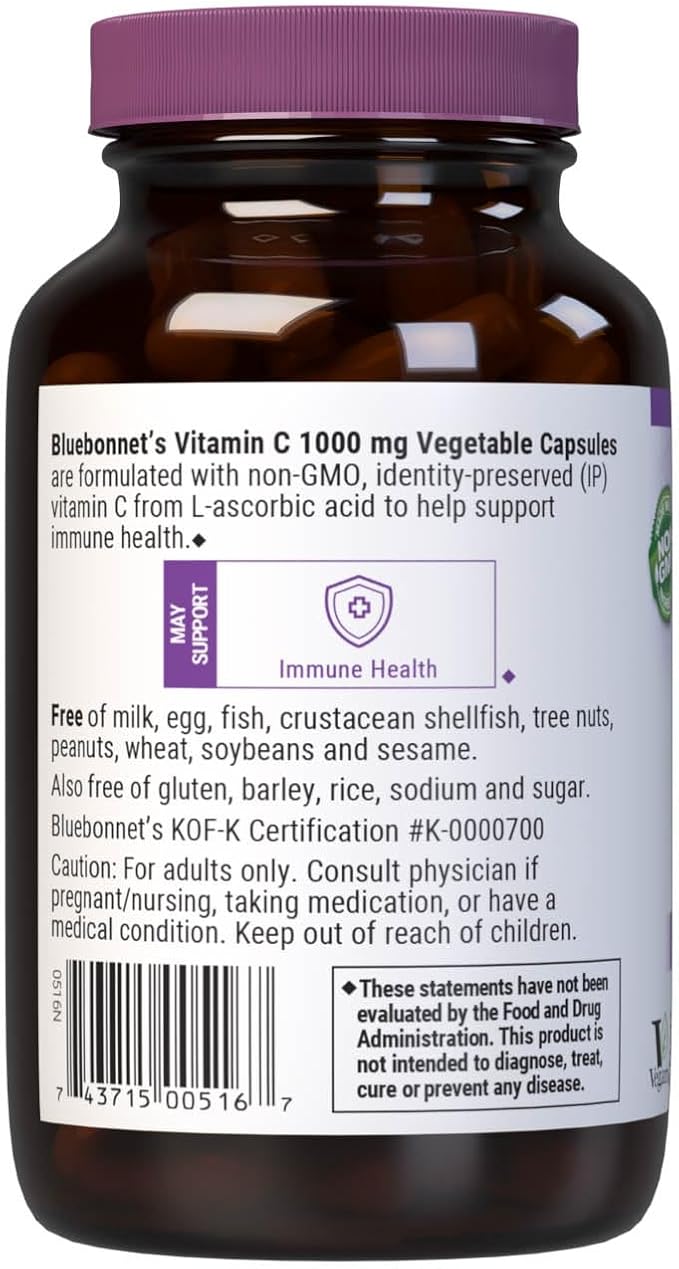 Bluebonnet Nutrition Vitamin C 1000 mg Vegetable Capsules, Ascorbic Acid, For Immune Health & Skin Health, Vegan, Vegetarian, Non GMO, Gluten Free, Soy Free, Milk Free, Kosher, 90 Vegetable Capsules