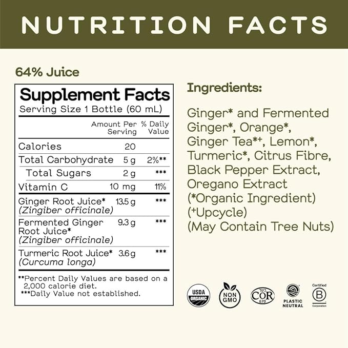 Greenhouse Juice Ginger Shots Organic Fiery Ginger Wellness Shot, Cold Pressed with Turmeric Pepper Vitamin C Immunity Vegan & Gluten-Free (2 Oz, Pack of 12)