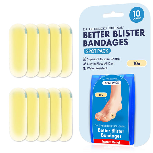 Dr. Frederick's Original Better Blister Bandages - 10 ct Spot Pack - Water Resistant Hydrocolloid Bandages for Foot Blister Prevention & Recovery - Blister Pads
