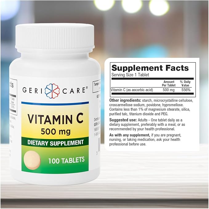 GeriCare Vitamin C 500 mg, Antioxidant, Immune System Support, Nutritional Supplement Tablets, 100 Count (Pack of 1)