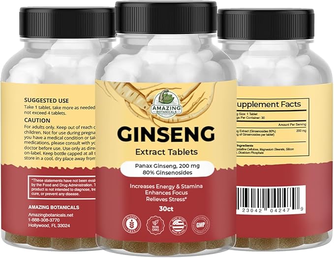 Panax Ginseng Extract Tablets - 200mg Highly Potent 80% Ginsenosides for Energy & Relaxation - Natural Herbal Supplement for Cognitive Booster - 30 Tablets
