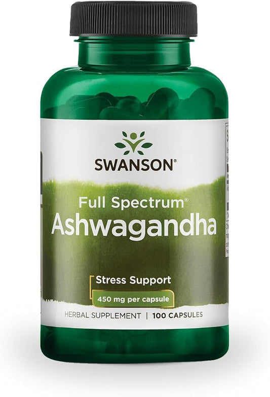 Swanson Ashwagandha Powder Supplement-Ashwagandha Root & Aerial Parts Supplement Promoting Stress Relief & Energy Support-Ayurvedic Supplement for Natural Wellness (100 Capsules, 450mg Each)