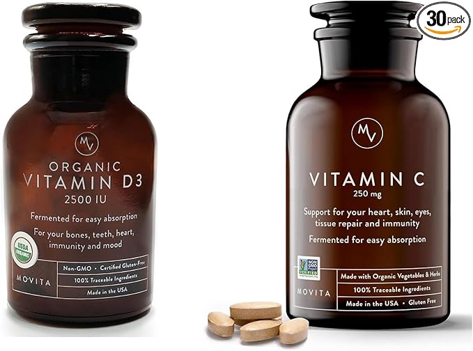 Movita Organic Vitamin D3 2500IU, Bottle Fermented Vitamin C 250mg Bottle