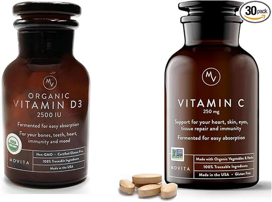 Movita Organic Vitamin D3 2500IU, Bottle Fermented Vitamin C 250mg Bottle