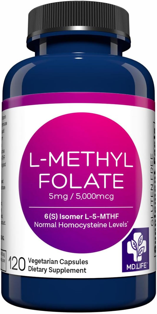 MD Life L-Methylfolate 5mg - Professional-Grade Active Methylfolate Supplement - Maximum Potency MTHFR Supplements - L methylfolate 5mg 120 Capsules - Essential Amino Acids