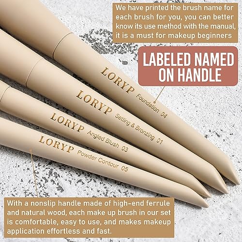 LORYP Makeup Brushes Set Labeled 18 Piece Face and Eye Brush Set Ultra soft hair Foundation, Concealer, Blush, Contour, Blending, Eyeshadow Khaki Brush kit