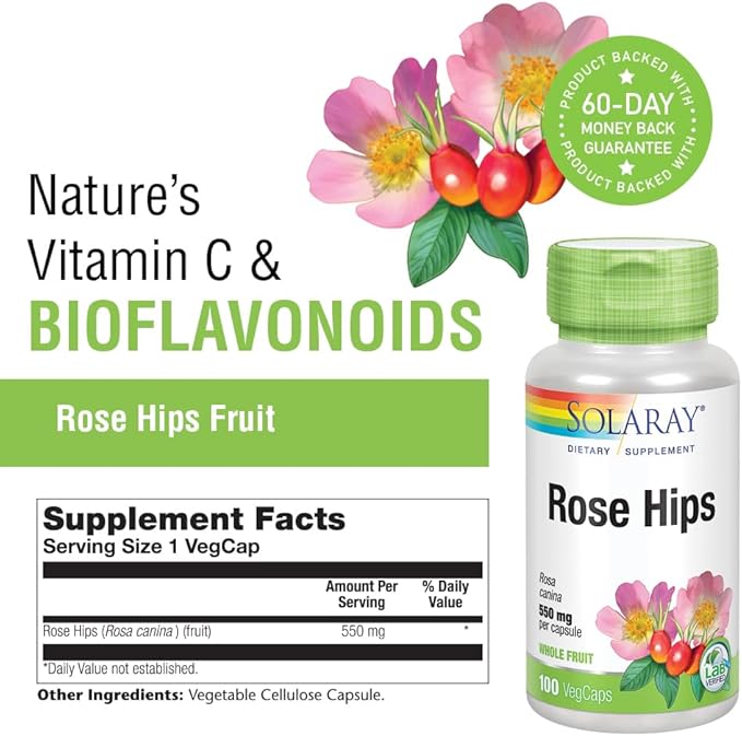 SOLARAY Rose HIPS Fruit 550mg | Healthy Skin, Joints & Immune Function Support | Source of Vitamin C & Bioflavonoids | Non-GMO & Vegan | 100 VegCaps