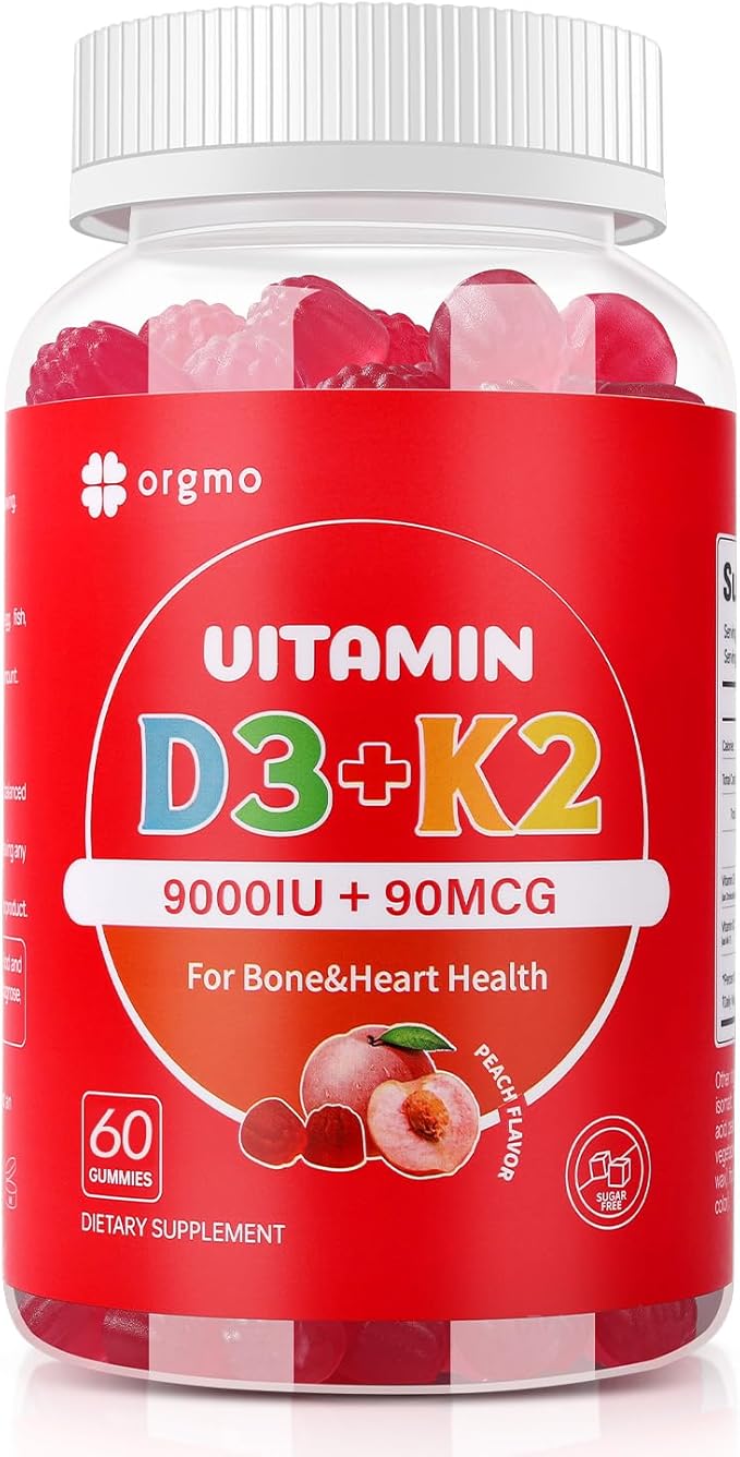 Vitamin D3 K2 Gummies 9000 IU for Adult Women Muscle Teeth Immune Support, Sugar Free D3 and K2 Supplements Gummy 60 Counts, Peach Flavor